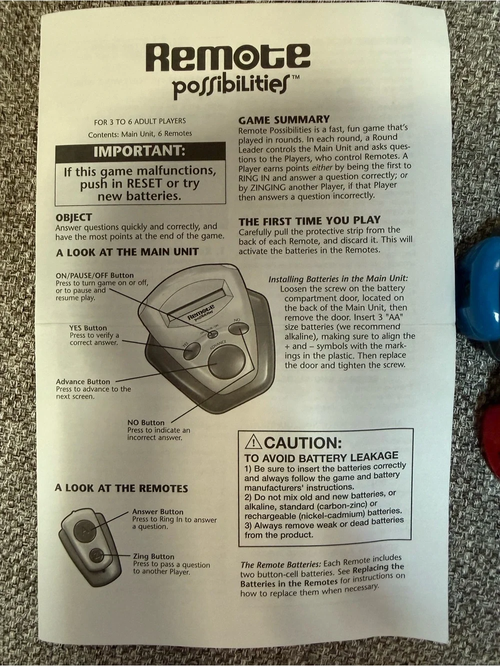 Remote Possibilities Electronic Trivia Game Hasbro 6 Remotes Tested Working